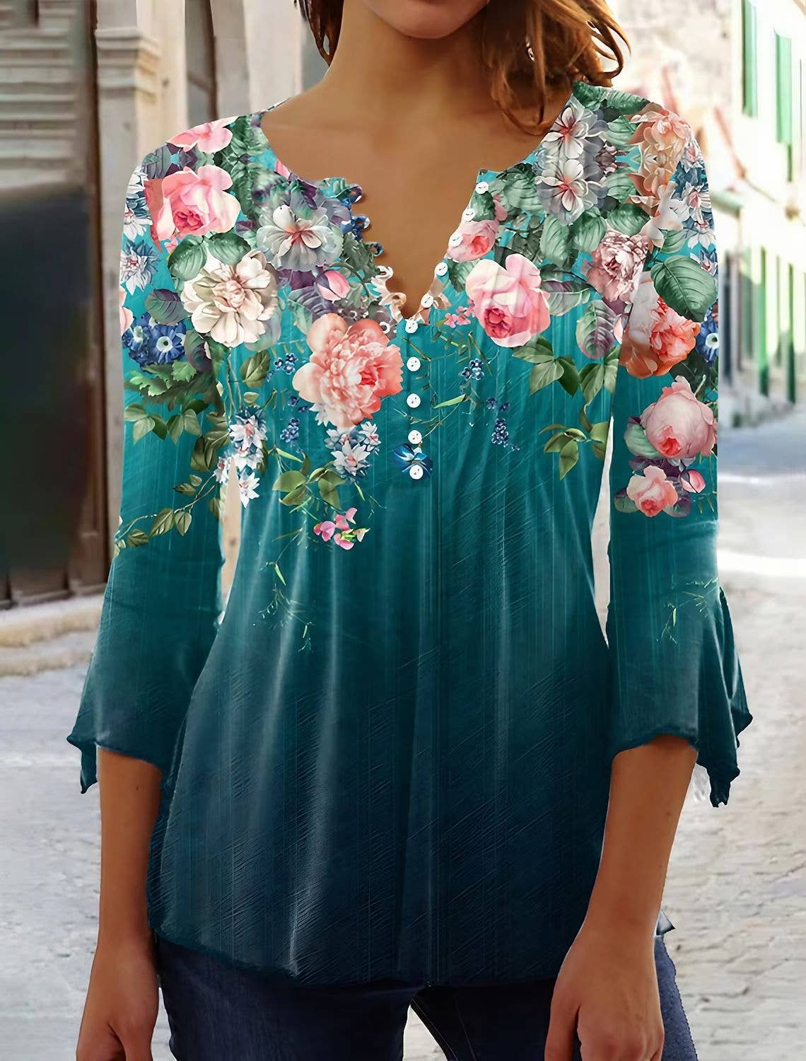 Floral Print V-Neck Short-Sleeved T-Shirt