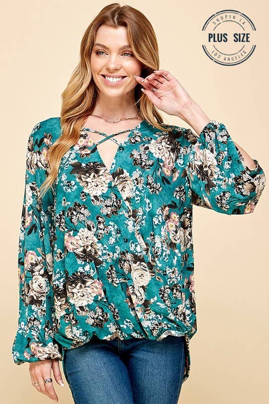 Plus Floral Criss Cross Cuffed Open Sleeve Top