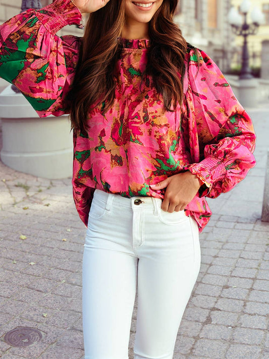 Abstract Print Frilly Neckline Long Sleeve Blouse
