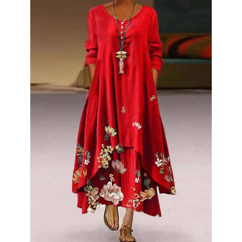 Fashion Boho Floral Printed Long Sleeve Women Irregular Hem Maxi Loose Dress