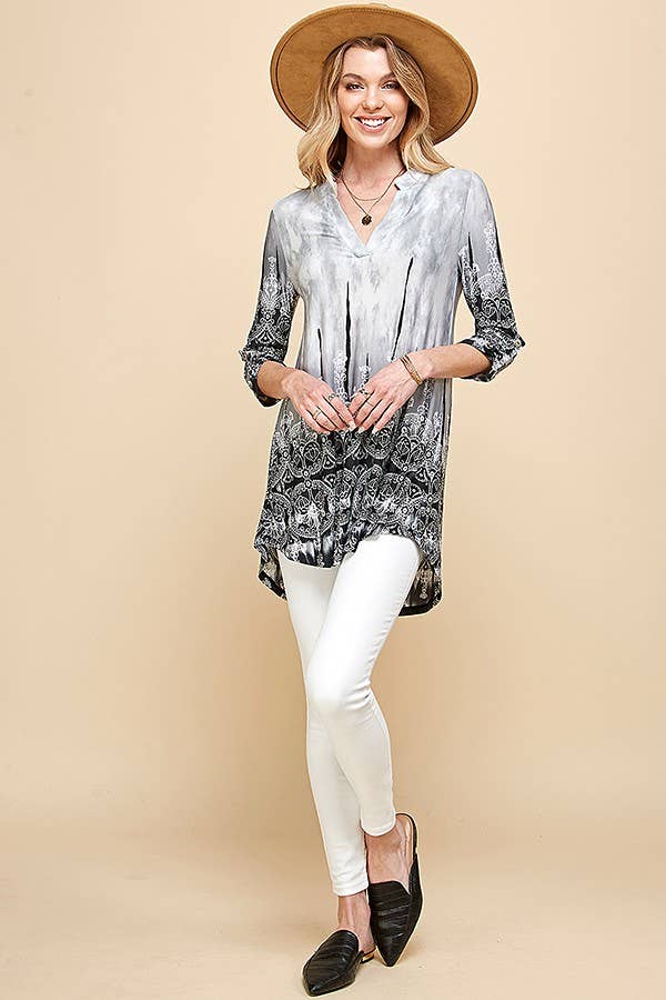 Women Paisley Tie Dye Roll Up Sleeve Tunic