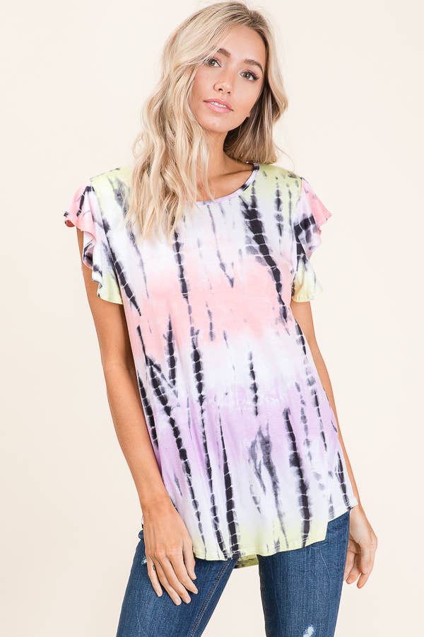 Tie-Dye Short Sleeve Ruffle Top