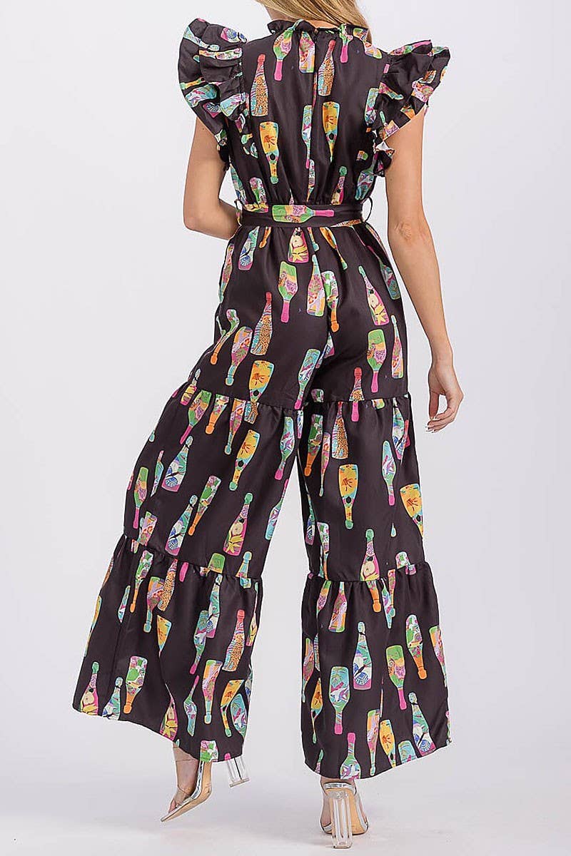 Printed Ruffle Sleeve Self-Tie Wide Leg Jumpsuit