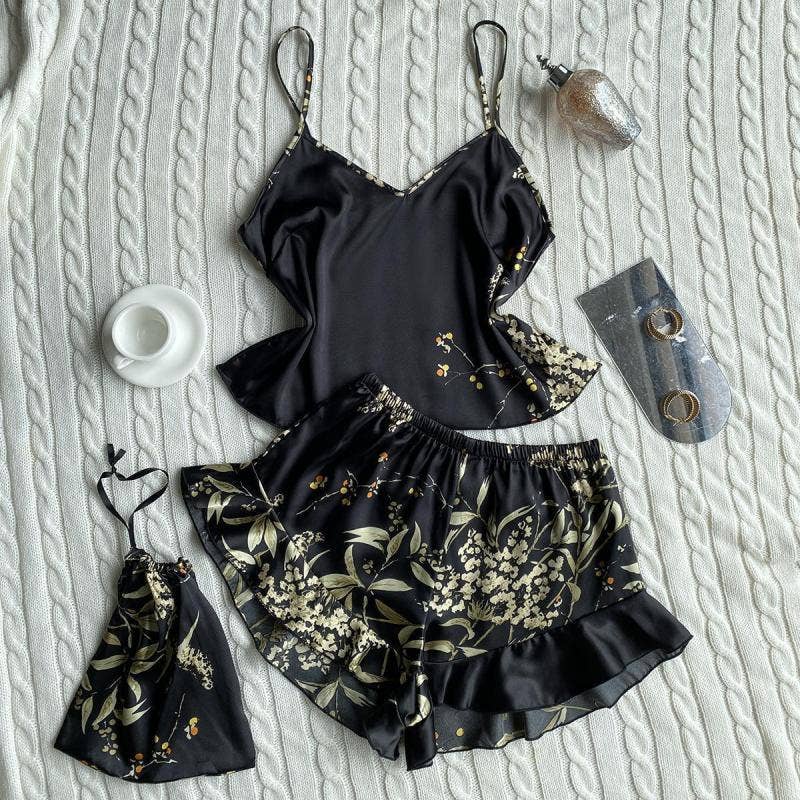 Women Fashion Printed Silk Pajamas Two-Piece Set