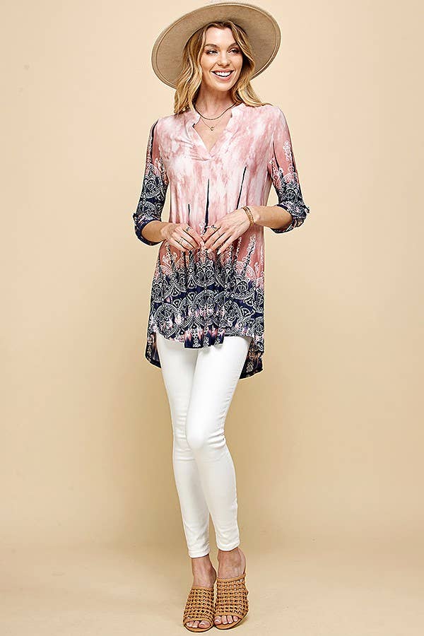 Women Paisley Tie Dye Roll Up Sleeve Tunic