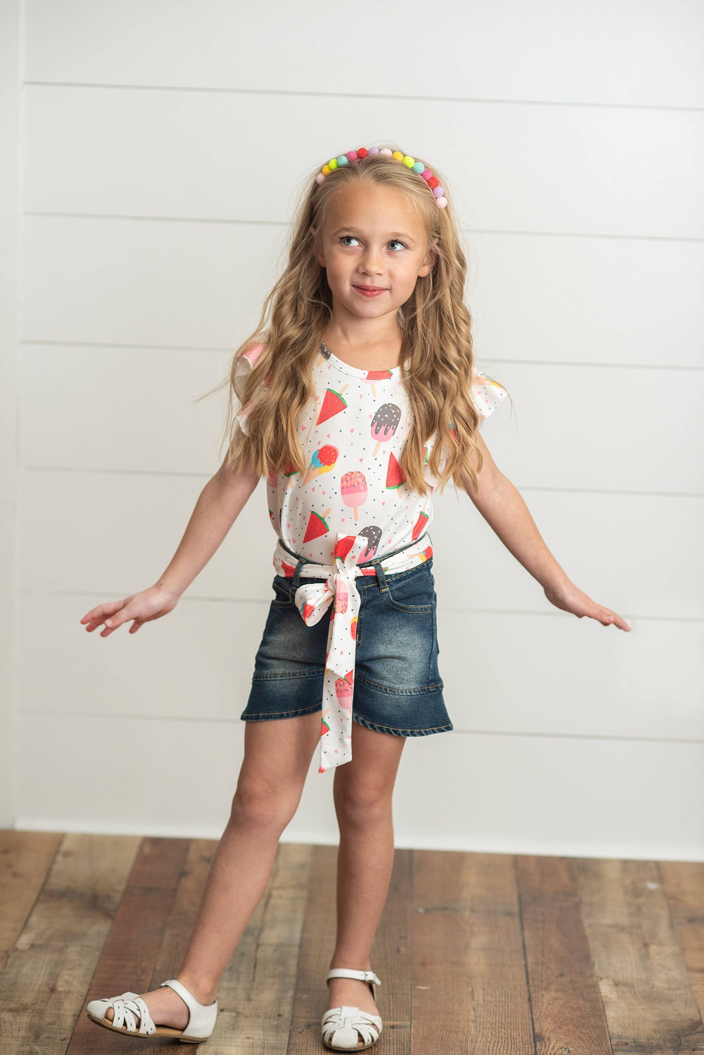 Kids Ice Cream Popsicle Flutter Top and Denim Short Set