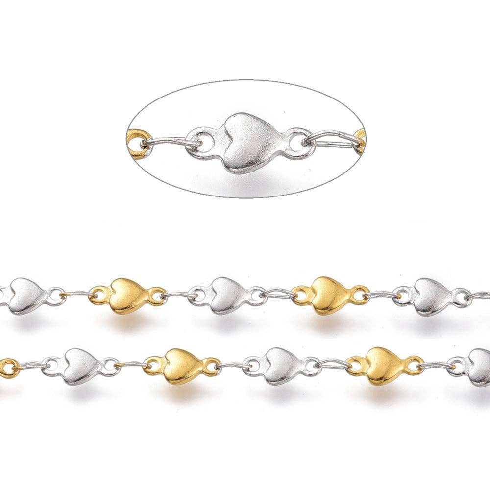 Mixed Metal Heart Link Chain By the Foot - Stainless Steel