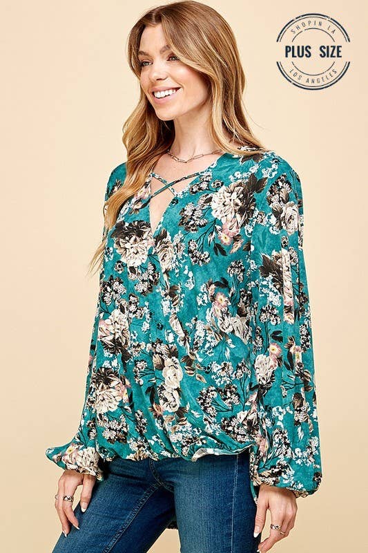 Plus Floral Criss Cross Cuffed Open Sleeve Top