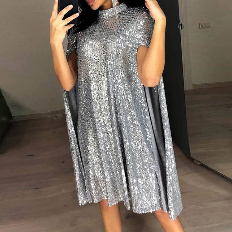 Sequin cape sleeve midi formal dress