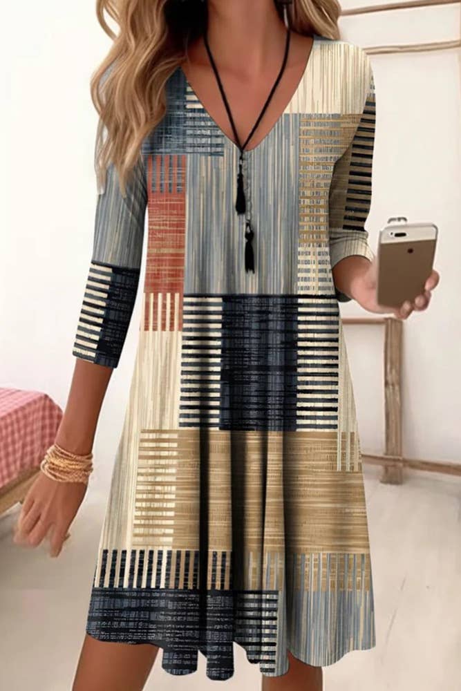 Printed V Neck Long Sleeves Dress