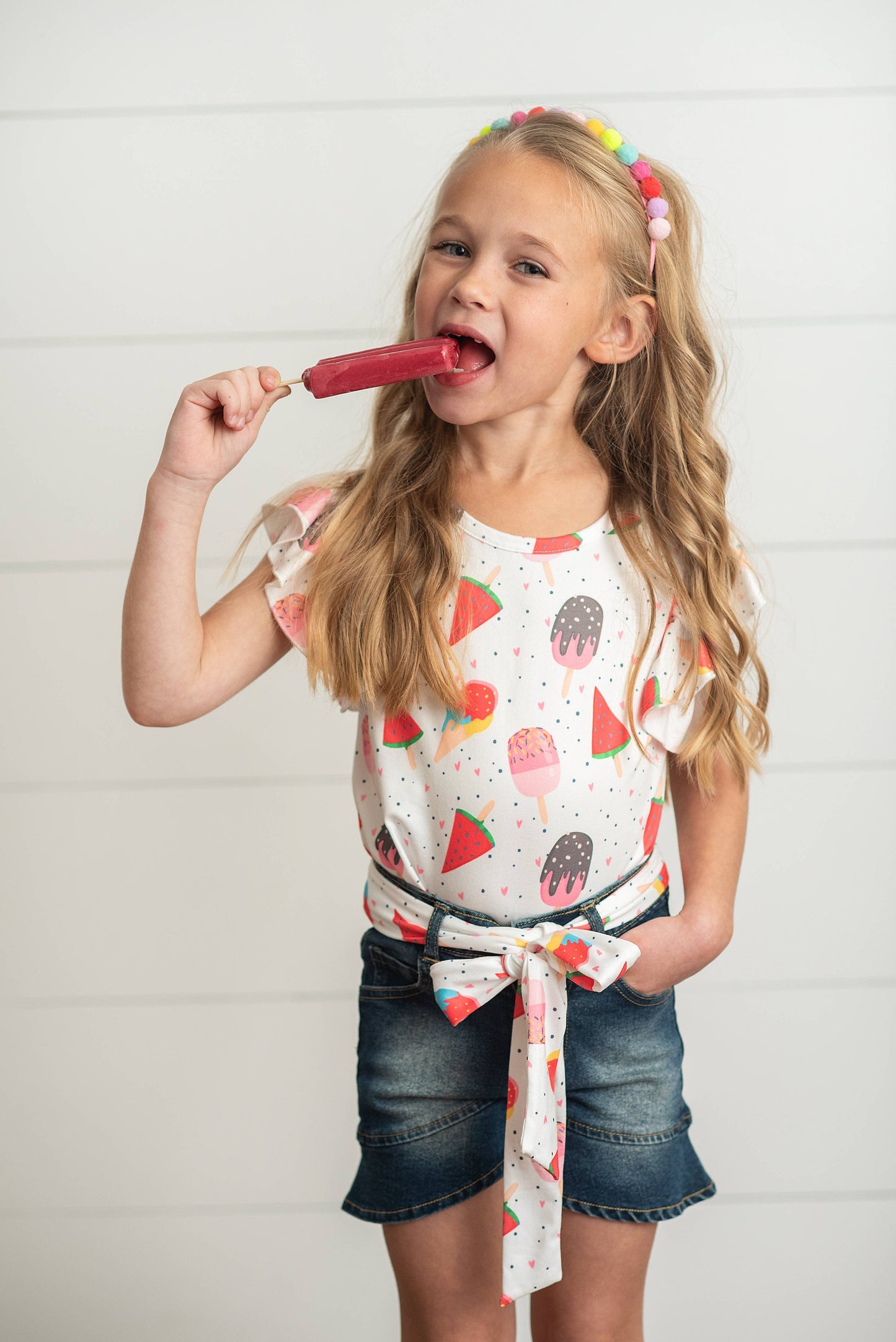 Kids Ice Cream Popsicle Flutter Top and Denim Short Set