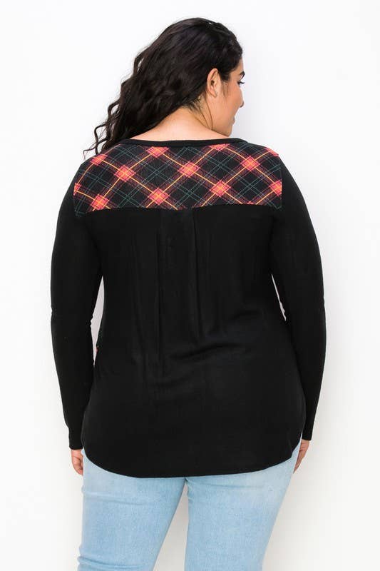 Plus Size Plaid Back Detail V Neck Top