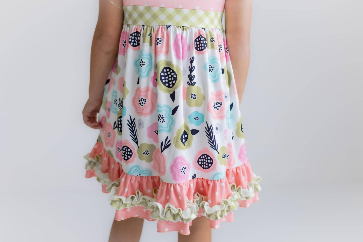 Kids Peach & Green Floral Gingham Summer Ruffle Dress