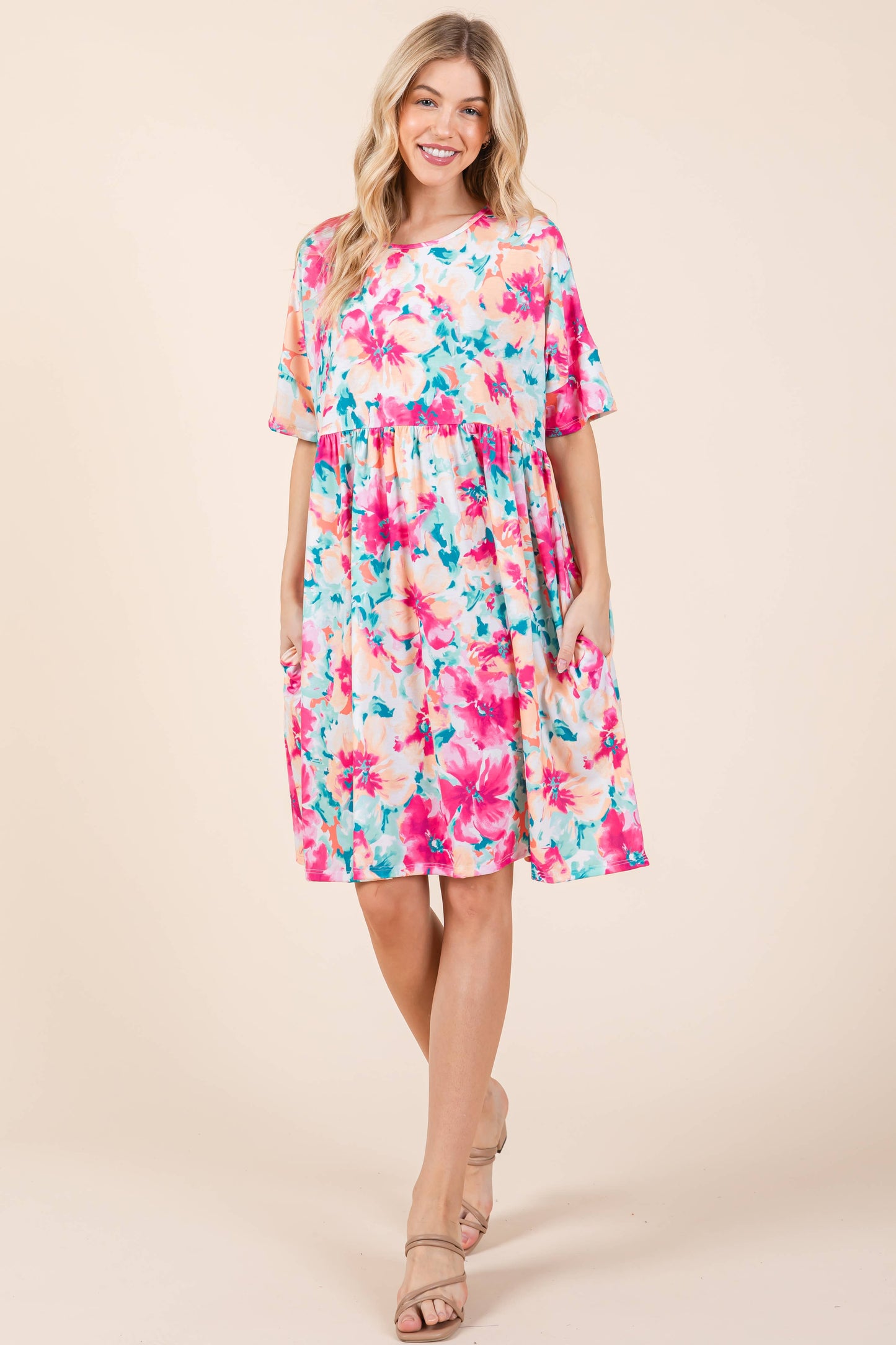 Mint-Fuschia Shirred Dress