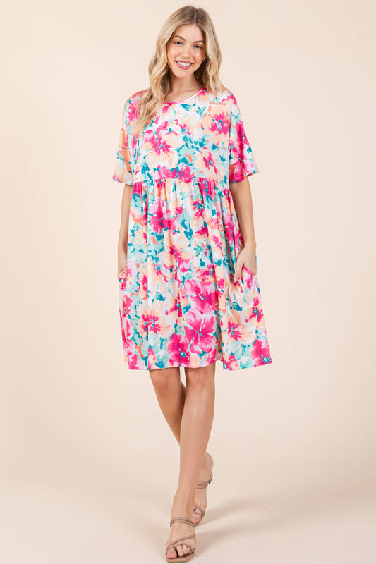 Mint-Fuschia Shirred Dress
