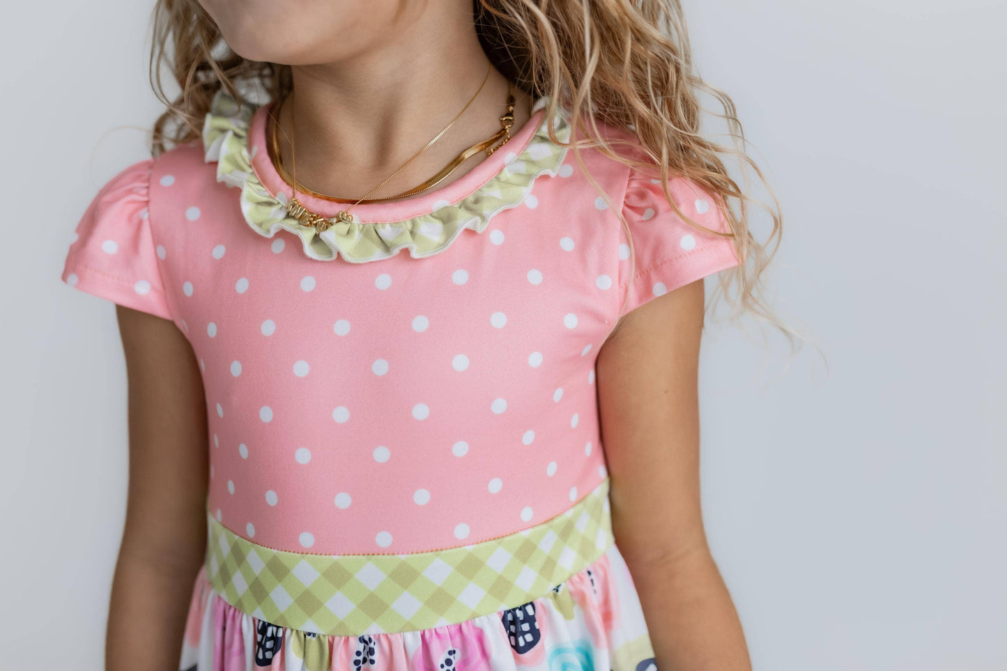 Kids Peach & Green Floral Gingham Summer Ruffle Dress