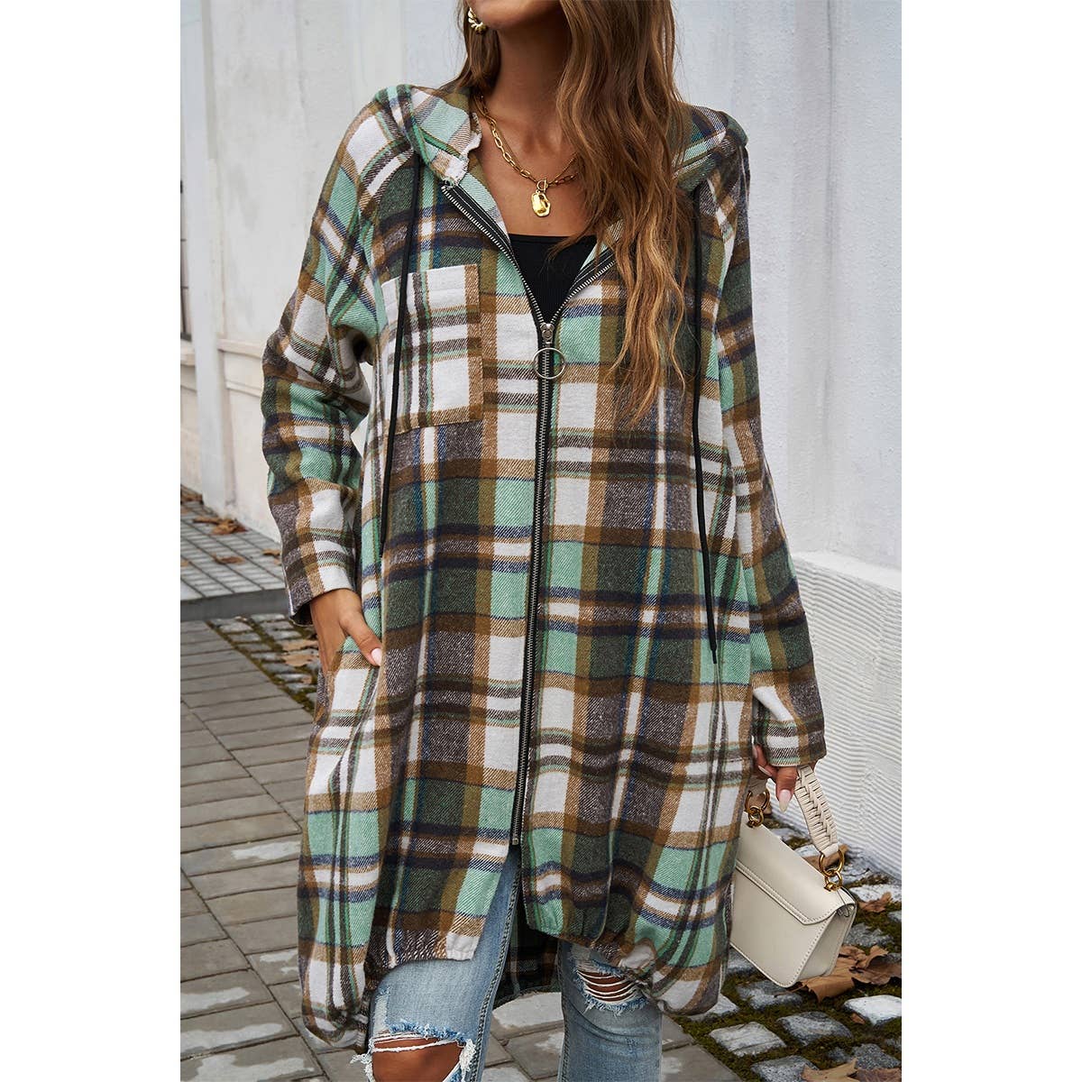 Plaid Zip Up Pockets Long Hooded Coat