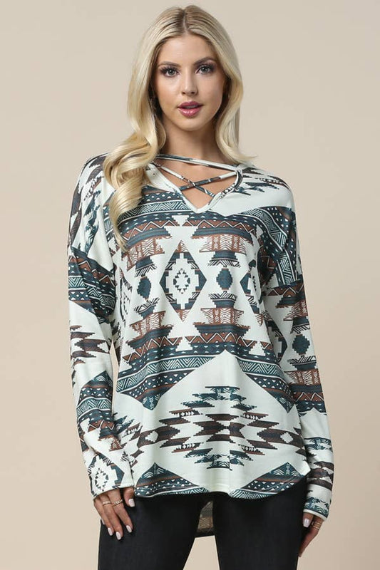 Aztec Print Cross V Neck Hacci Top - Ronnie