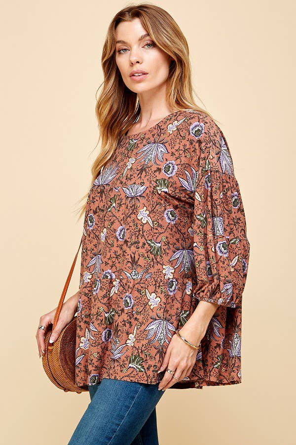 Vintage Floral Print Long Sleeve Top w/Elastic