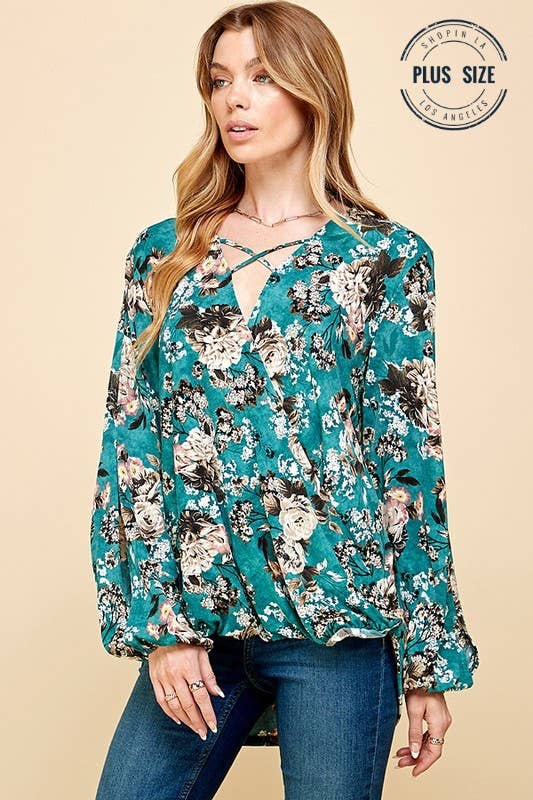 Plus Floral Criss Cross Cuffed Open Sleeve Top