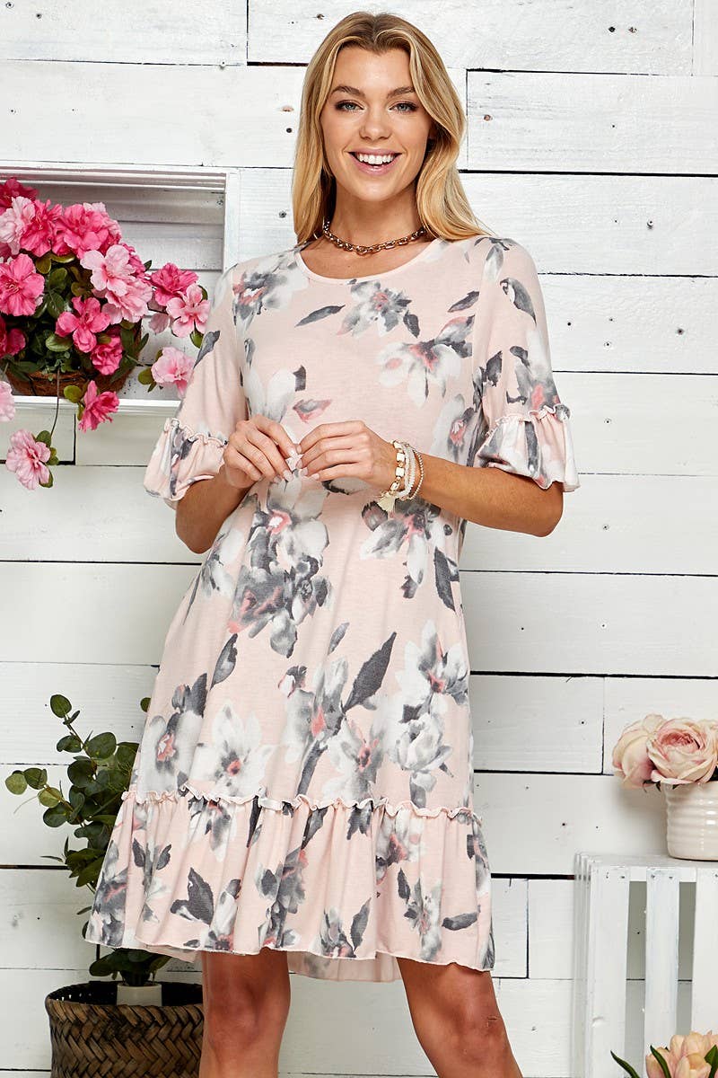 Women Floral Soft Midi Dress w/Ruffle