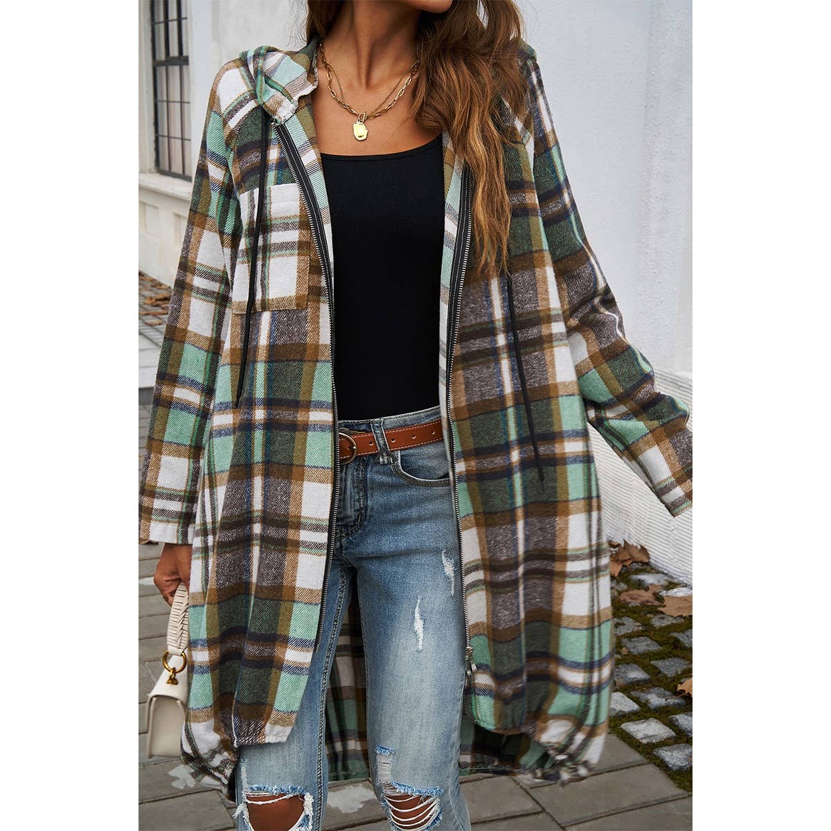 Plaid Zip Up Pockets Long Hooded Coat