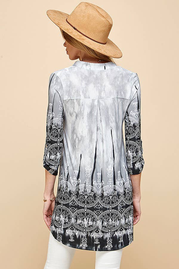 Women Paisley Tie Dye Roll Up Sleeve Tunic