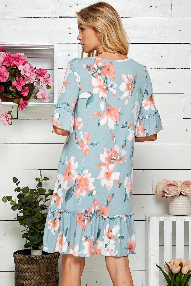 Women Floral Soft Midi Dress w/Ruffle