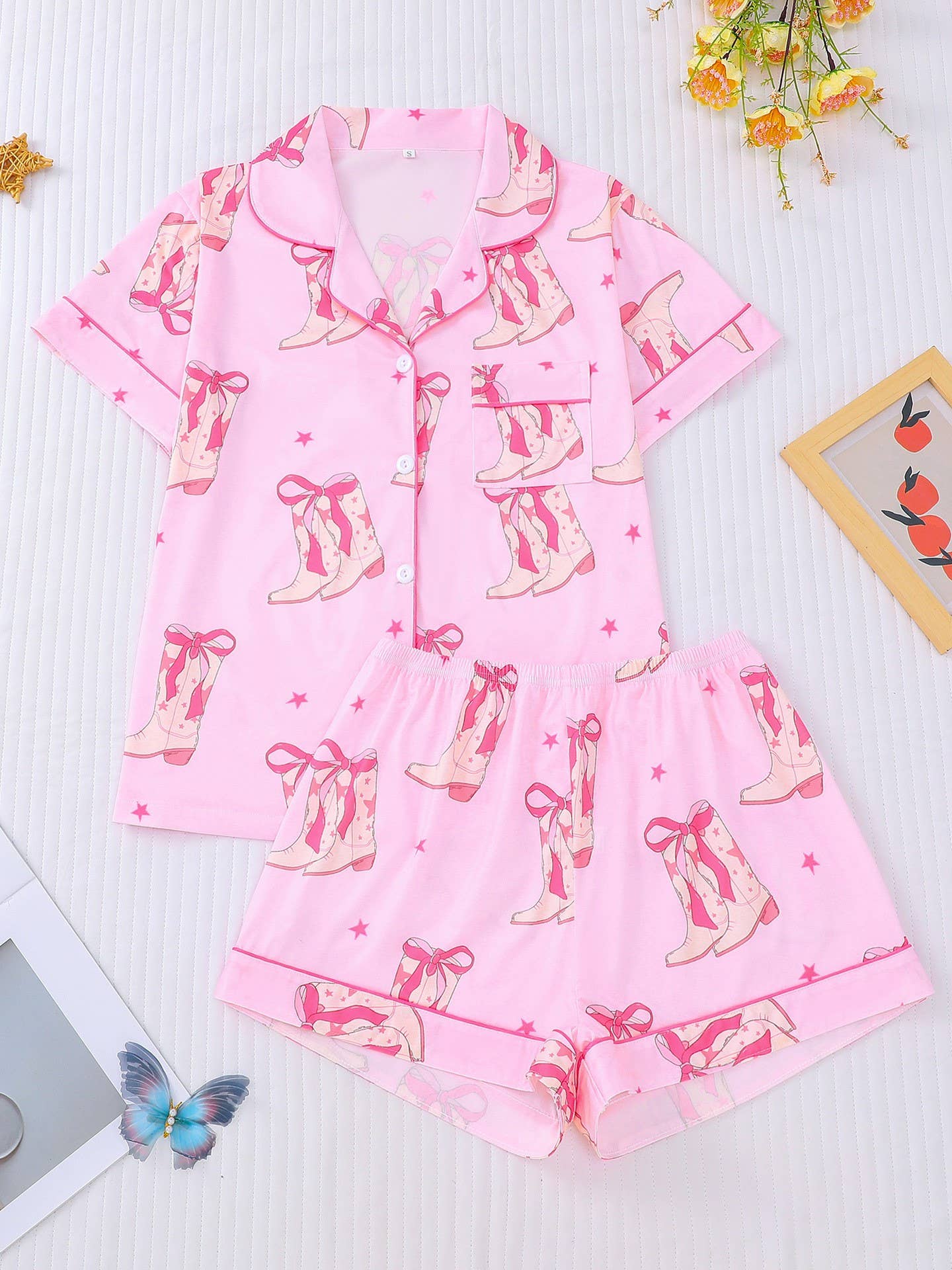 Western cowgirl Boots Coquette Bow print pajama shorts set