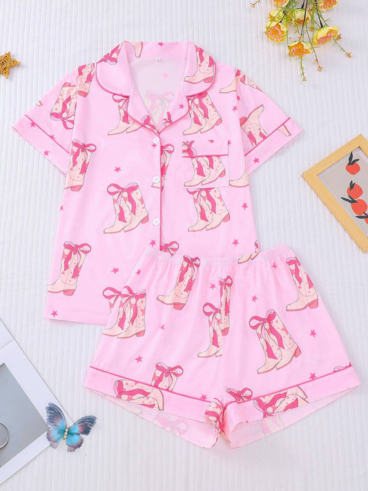 Western cowgirl Boots Coquette Bow print pajama shorts set