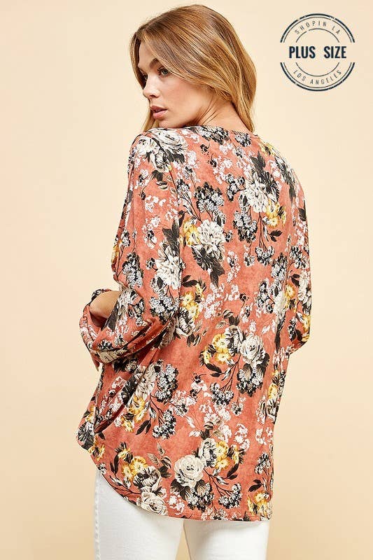 Plus Floral Criss Cross Cuffed Open Sleeve Top