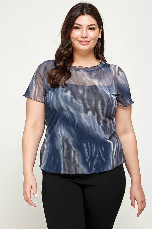Plus Size Marble Print Mesh Tee