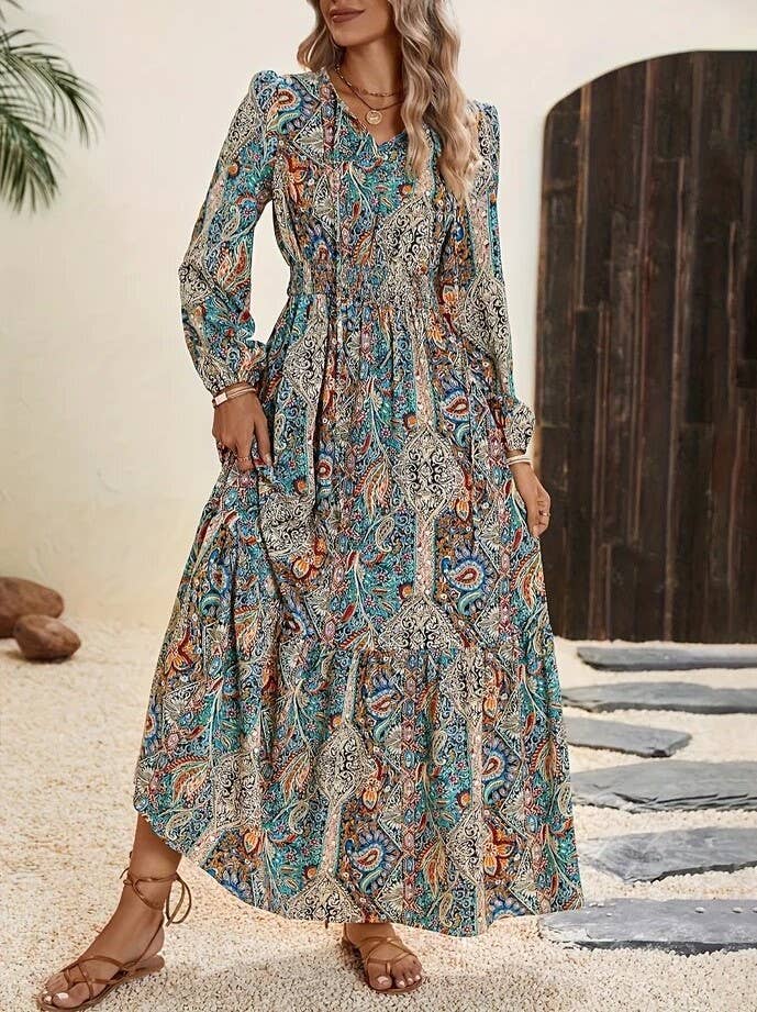 Fashionable Print Tie-Up Long-Sleeved Dress