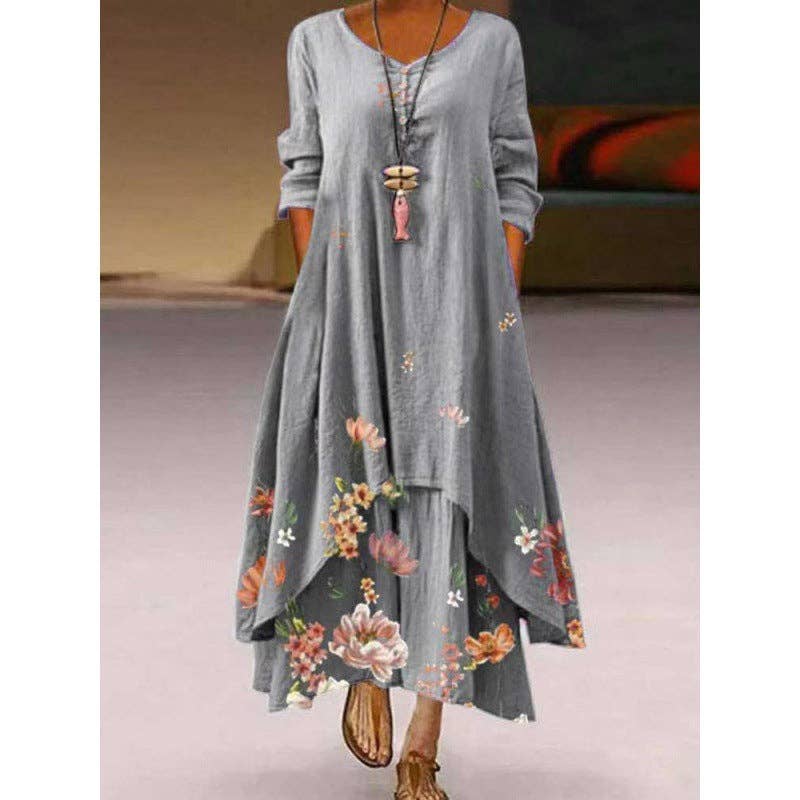 Fashion Boho Floral Printed Long Sleeve Women Irregular Hem Maxi Loose Dress