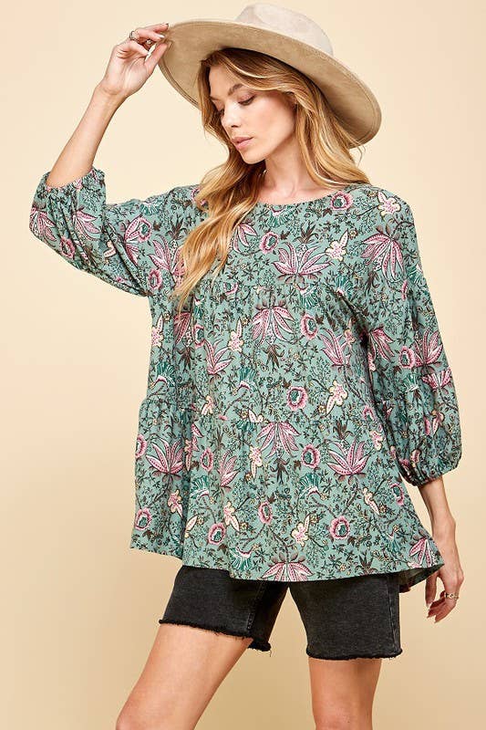 Vintage Floral Print Long Sleeve Top w/Elastic