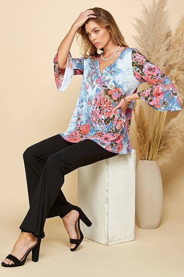 Women Floral Print 3/4 Sleeve Tunic Top