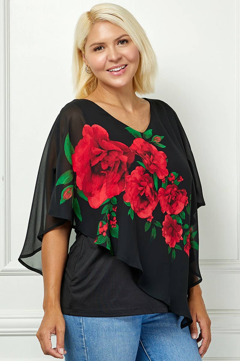 PLUS SIZE BLOOMING ELEGANCE PONCHO BLOUSE