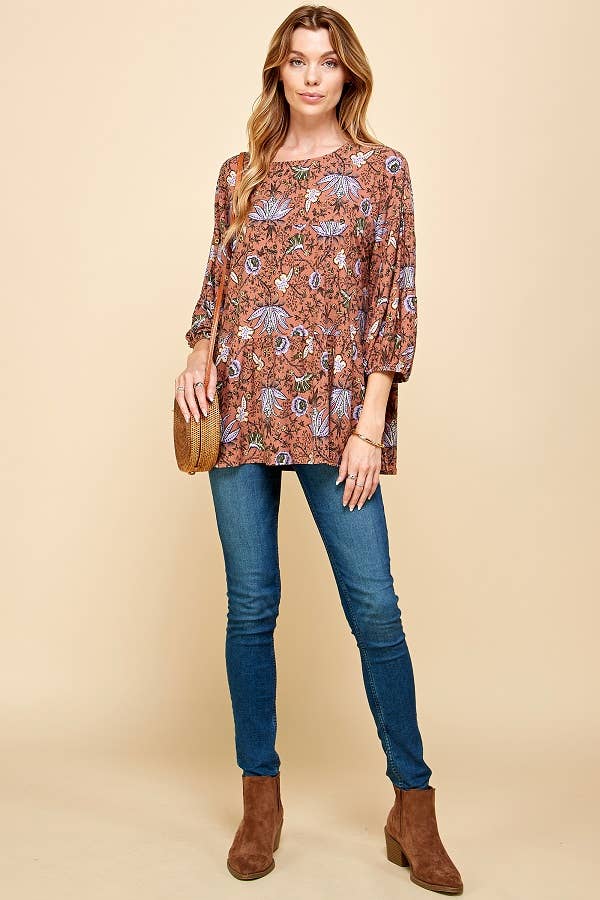 Vintage Floral Print Long Sleeve Top w/Elastic