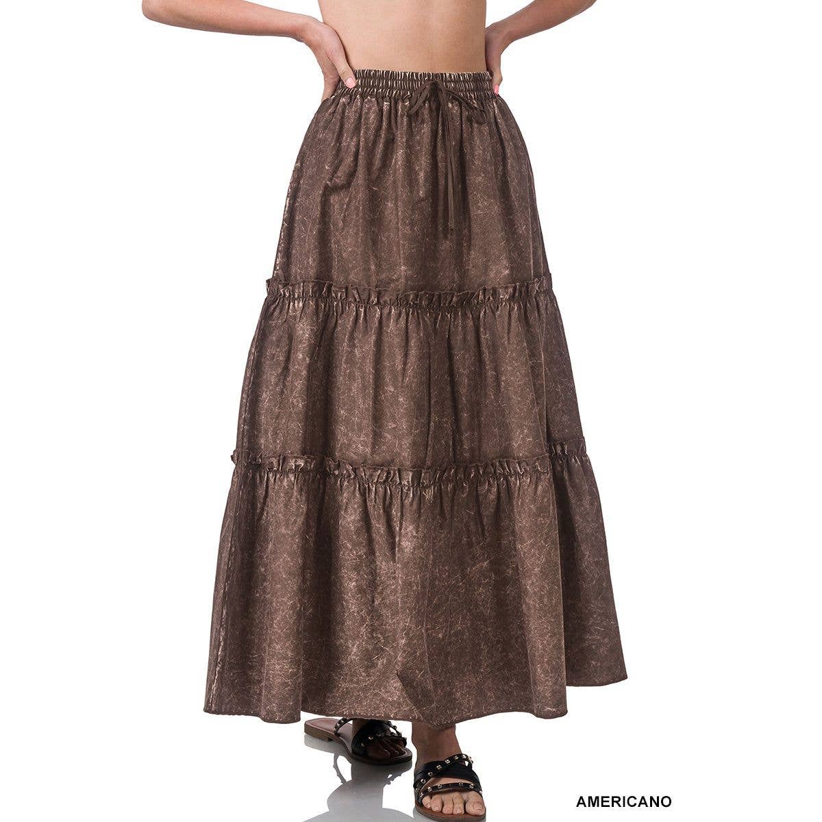 Woven Acid Wash Tiered Ruffle Maxi Skirt