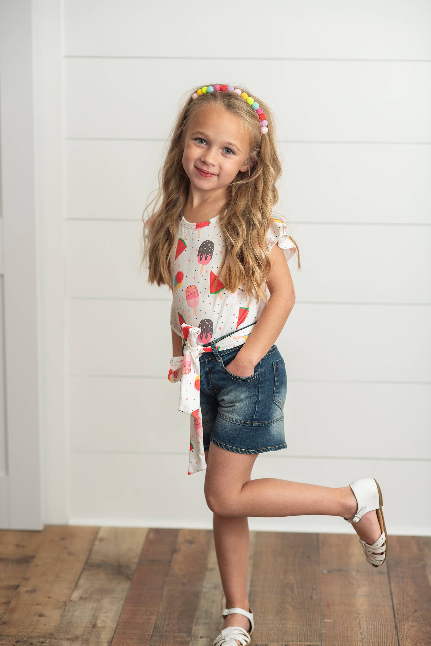 Kids Ice Cream Popsicle Flutter Top and Denim Short Set