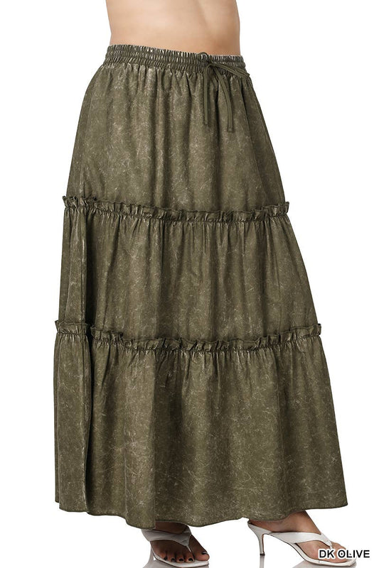 Plus Woven Acid Wash Tiered Ruffle Maxi Skirt