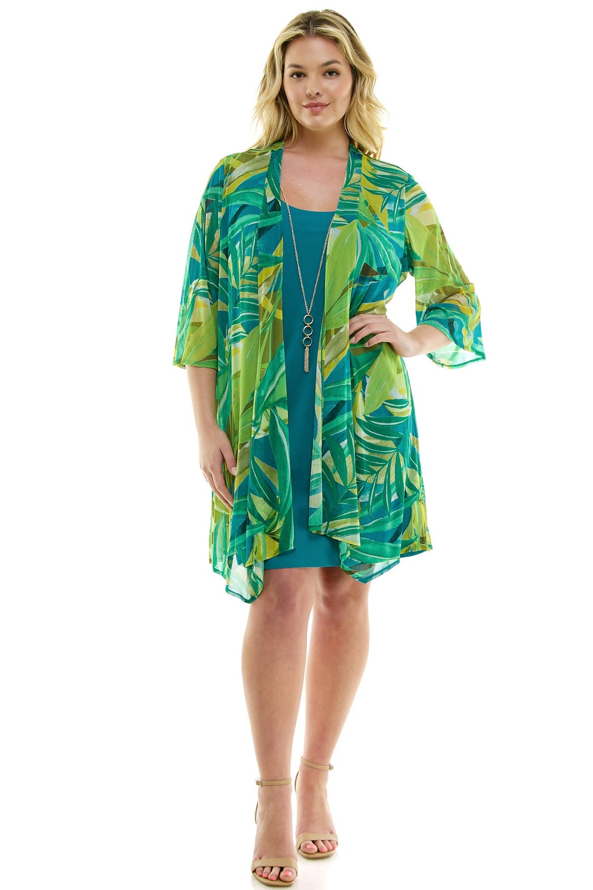 PLUS SIZE 2PC BELL SLEEVE CARDIGAN & DRESS SET