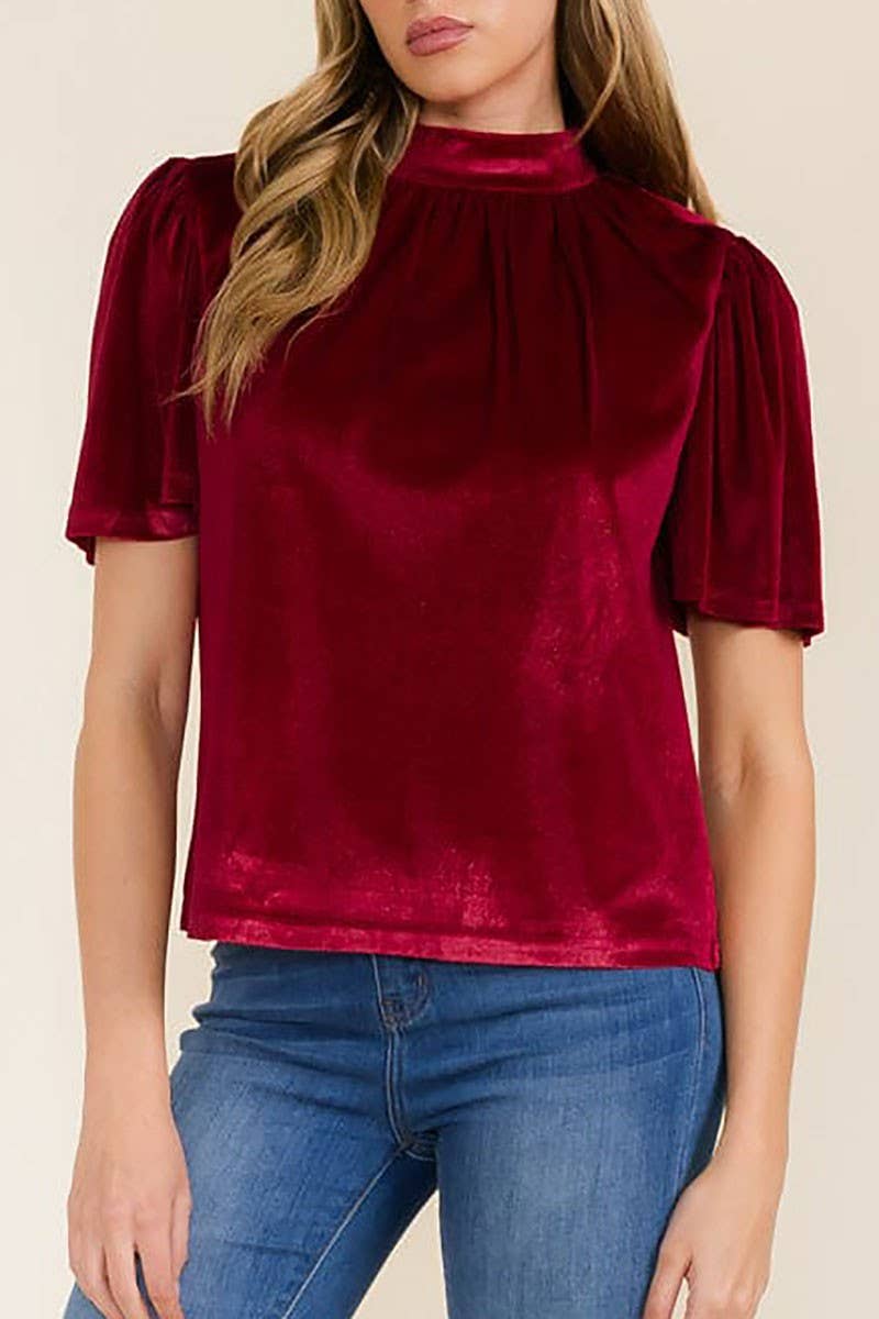 SOLID VELVET MOCK NECK SHORT SLEEVE BLOUSE TOP