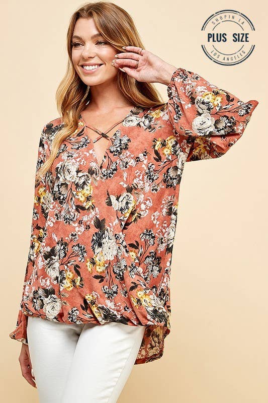 Plus Floral Criss Cross Cuffed Open Sleeve Top