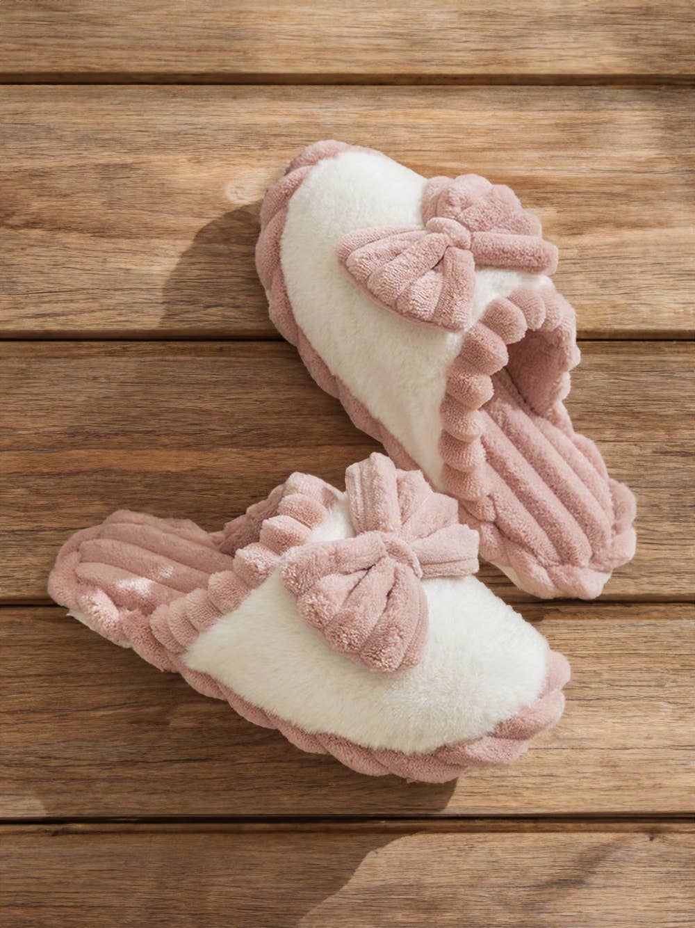 Bow Decor Color Block Ribbed Plush Slippers