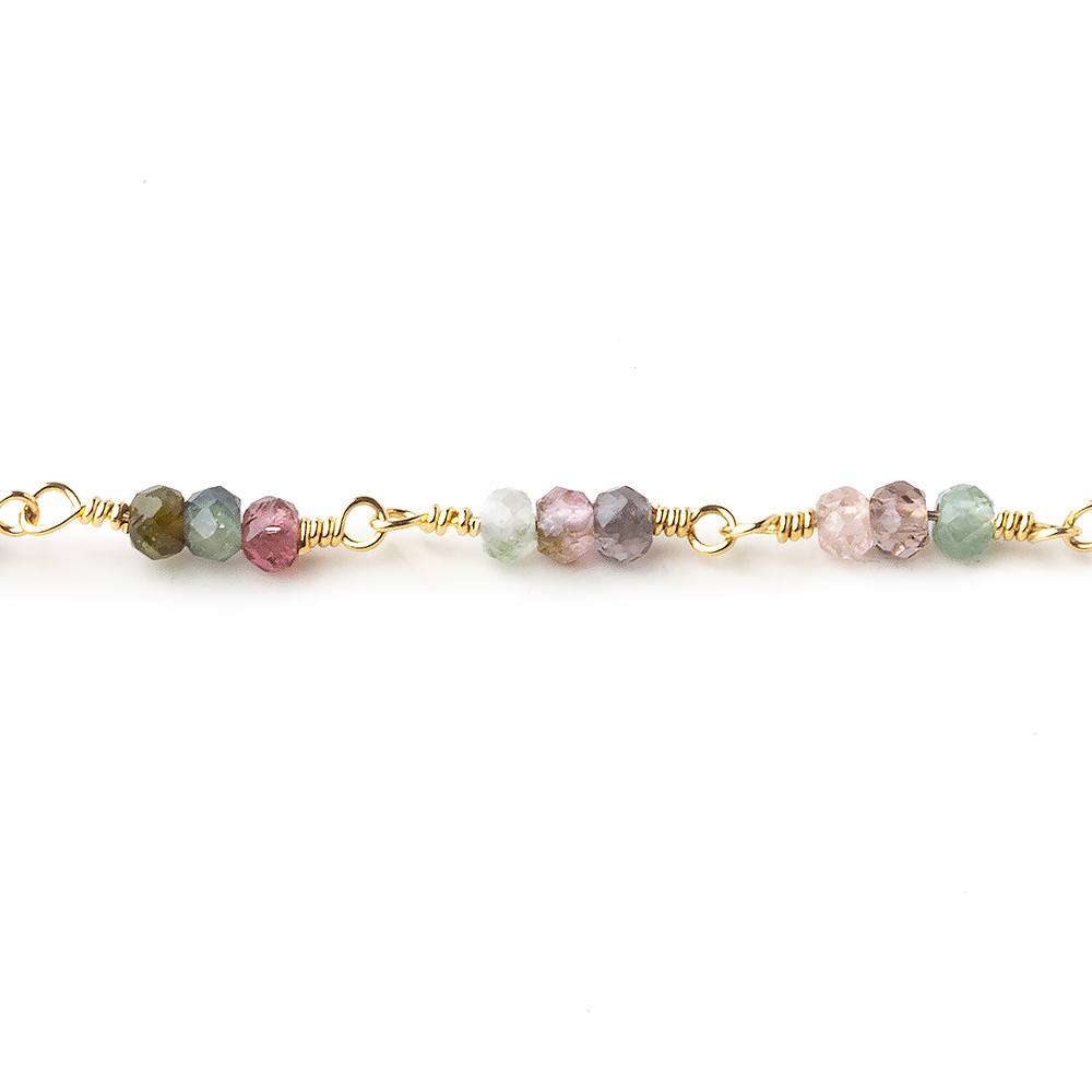3mm Multi Tourmaline micro faceted round Trio Gold Chain by the foot 73 beads per