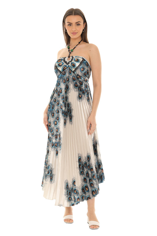 Peacock Pleated Maxi Halter Dress