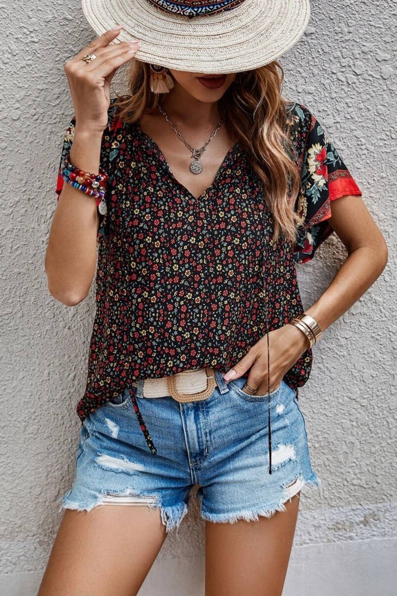 CASUAL BOHO V-NECK SHORT-SLEEVED SHIRT TOP