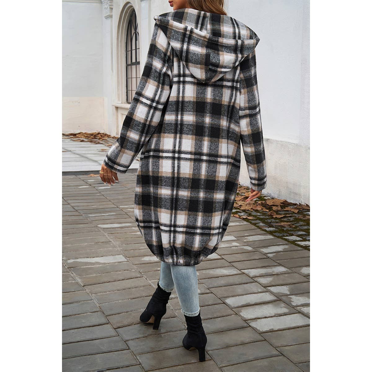 Plaid Zip Up Pockets Long Hooded Coat