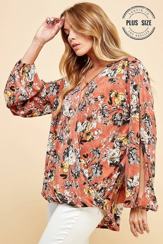 Plus Floral Criss Cross Cuffed Open Sleeve Top